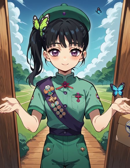 score_9, score_8_up, score_7_up, source_anime, <lora:kanao-tsuyuri-anime-ponyxl-lora-nochekaiser:1>, kanao tsuyuri, black hair, butterfly, butterfly hair ornament, purple eyes, side ponytail, ponytail, medium breasts, <lora:girl-scout-uniform-ponyxl-lora-nochekaiser:1> girl scout uniform, badge, beret, breast pocket, girl scout, green hat, hat, short sleeves, shirt, green shirt, shoulder sash, medal, button badge, uniform, shorts, green shorts, short shorts, kneehighs,, smile, blush, looking at viewer, blue sky, clouds, entrance, doorway, <lora:incoming-gift-ponyxl-lora-nochekaiser:1>, incoming gift, outstretched arms, holding, holding box, box, cardboard box,, cowboy shot,