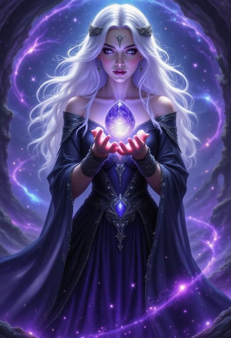 pinkhidreamfantasy, Pale-skinned sorceress with flowing silver hair, wearing a black and purple gown with intricate silver embroidery, holding a glowing violet crystal orb, cosmic void swirling behind her, ethereal lighting.