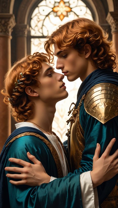 2boys, 19yo twinks, fantasy masterpiece romance novel cover by Sandro Botticelli and Rembrandt and Greg Rutkowski and Alphonse Mucha, embrace and kiss, medium ginger hair and buzzcut black black hair, (Chiaroscuro, Filmgrain, Cinematic LUT), <lora:sdxl_lightning_8step_lora:1>