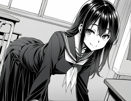 score_9, score_8_up, score_7_up, source_anime,
sakiyoshida, <lora:saki-yoshida-manga-ponyxl-lora-nochekaiser:1>,
saki yoshida, long hair, hair between eyes, monochrome, greyscale,
black hair, skirt, pleated skirt, serafuku, shirt, long sleeves, long skirt, sailor collar, neckerchief, black shirt,
indoors, classroom, bent over, smile,
looking at viewer, solo, dutch angle, cowboy shot,