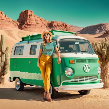 Advertising poster style,  <lora:Advertising:1.5>
A creative photo of  a retro woman sitting on the hood of a green retro van in desert advertising style, Professional, modern, product-focused, commercial, eye-catching, highly detailed