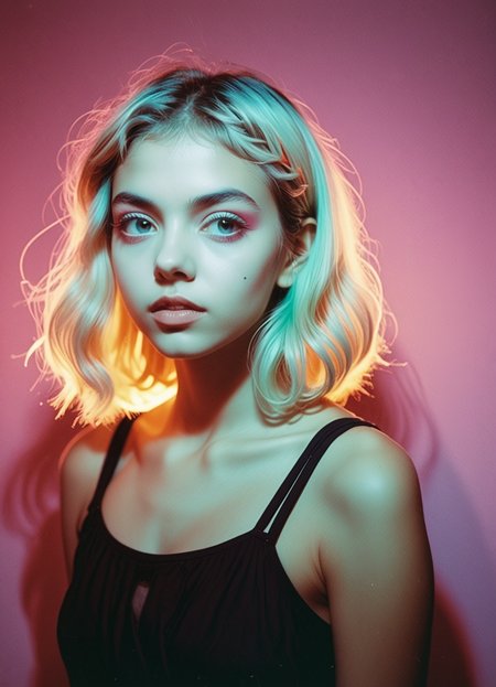 (Ombre color scheme of neon blue,neon light pink ,neon green) analog film photo anime artwork, grand photograph, Polaroid, surprised  21-year-old woman, glowing hair, canon 5d mark 4, neon light, kodak ektar, flamboyant, pastel colors, curved lines, elaborate detail, faded film, 35mm photo, grainy, vignette, vintage, Kodachrome, Lomography, stained, highly detailed, found footage (art by jc leyendecker:1.1) <lora:br1ghtXLP:0.7> multicolored <lora:43stl1ght1ngXLP2:0.7> 43stl1ght1ng, low light, dramatic lighting, darkness, neon, spotlight <lora:envyStarlight_v10:0.8>  <lora:sss:0.8>