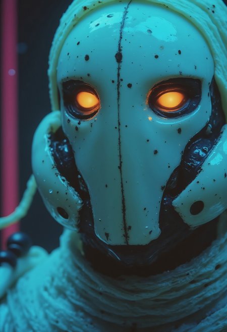 A monochrome Vintage Photography depicting a imposing, Pristine White Sci-fi knight,. intricate Closeup of His perfect designed translucent helmet and armor, miscujo, bleaked neon pink, Green, blue, orange atmospheric neon lighting, 