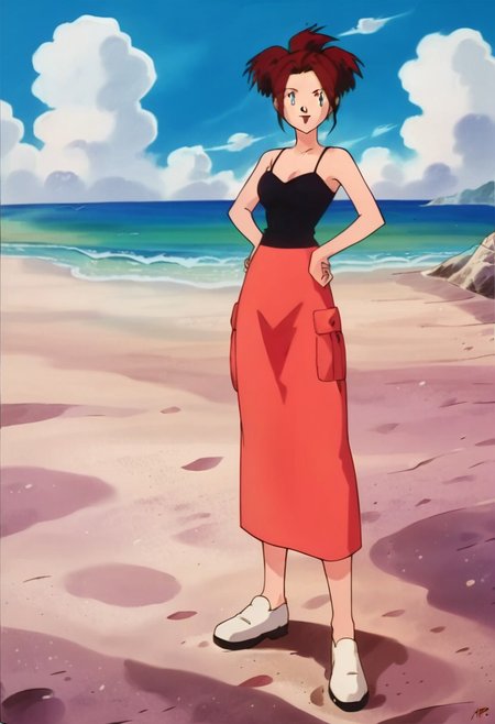 score_9, score_8_up, score_7_up, 1girl, solo, beautiful, 
source_anime, retro_artstyle
looking at viewer, hands on hips, head tilt, outside, beach, sand, skies, clouds, standing, smiling
PKMNCissy, Brown Hair, Short Hair, Blue Eyes, black tanktop, spaghetti strap, red skirt, long skirt, white shoes