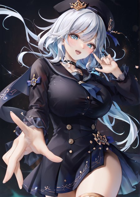 1girl, huge breast, , black dress, black headwear, black sailor collar, blush, buttons, clothes writing, cowboy shot, dress, hat, long sleeves, open mouth, sailor collar, sailor dress, sailor hat, solo, handfixer,zPDXL3 <lora:Breast Slider - Pony_alpha1.0_rank4_noxattn_last:3> <lora:HandFixer_pdxl_Incrs_v1:1> <lora:è±ç¶µkns_hanazuna:1>