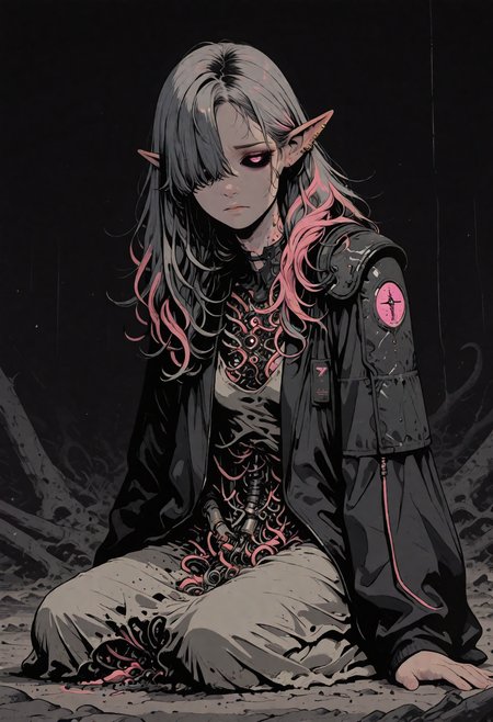 1girl, solo, EyesHD, large, two-tone hair, (dark grey hair), pink hair, long hair, disheveled hair, hair over one eye, parted bangs, hair half over shoulder), pink eyes, single black sclera, elf ears, ear piercing, grey shirt, black jacket, open jacket, shoulder armor, contorted body, pain, horror atmoshere, bood rain, full body, 
sinozick style, flat color, dark theme, in the style of cksc, illustration, masterpiece, (extremely detailed CG 8k), (very fine 8K CG), (ultra detailed perfect piece:1.2), lat color, no lineart,,(no lineart, flat art style:1.0), NO_LINE_ART, comical, simple,
 <lora:Sinozick_Style_XL_Pony:0.35> <lora:NOOB_vp1_detailer_by_volnovik_v1:1> <lora:ponyv6_noobV1_2_adamW:0.9> <lora:ck-shadow-circuit-IL:1>