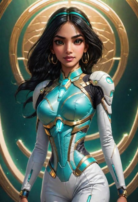 (masterpiece), 
1girl,
Jasmine, 
OverallDetail,
powered futuristic outfit,
powered futuristic necklace,
golden light energy,
cyberpunk background,