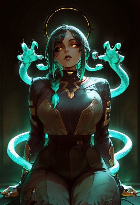 Rating_sfw, mature woman,dynamic hands hacking pose, cyberwear, cyberpunk, humanoid , cybernetic enhancement, serpent themed , oversized clothes, cargo pants, dark clear skin, Egyptian themed lap, ((cute face)), innocent face, pretty face, eyes, detailed eyes, long eyelashes, eyeliner, gorgon,glitching hair, ,(( single braid )) (ar-glitch holographic Snake hair, snake, snake_hair,)) , , eyes, glowing snake, charismatic, curvy, aesthetic, ((perfectly robotic hair, snake hair)), thick lips, full lips, skinny, (slim build), small waist, big breasts,, beautiful detailed face, small face, beautifully complex colored iris, ), enchanting, looking at the viewer,