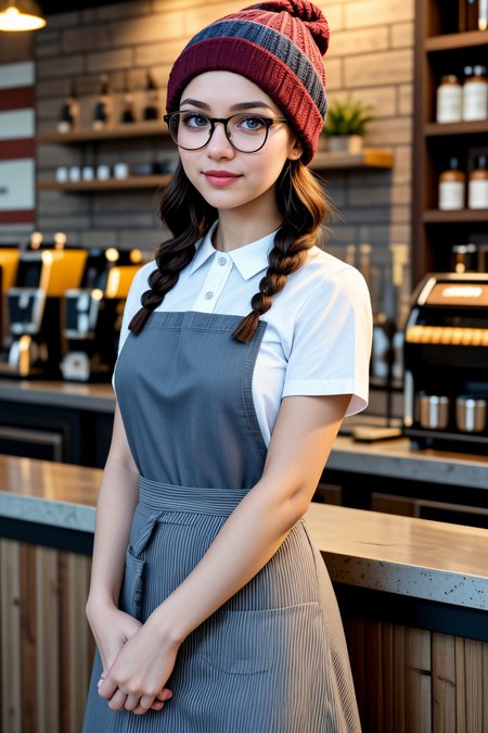 <lora:LCM_LoRA_Weights_SD15:1>,<lora:detail_slider_v4:1.3>,(attentive barista) 29yo old adult Woman, curvy build, medium rainbow double braids hair, italian, tan skin, blue eyes, wearing a beanie, burgundy polo shirt, maxi skirt, checked apron, sneakers, minimal eyeliner, carrying a tray of coffee cups,a pair of trendy glasses, set in a trendy cafe, featuring contemporary decor, sleek furniture, artistic touches, a lively vibe,closeup portrait photography, beautiful eyes, capturing emotion, personality, flattering lighting, professional, engaging, compelling composition,