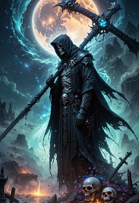 A high reflective obsidian material worn on the grim reaper standing on skulls, surrounded by mist, glowing moonlight, auror borealis, and meteor showers; opalescent fantasy background, flowing waves of mists with skull statues in the foreground, brilliant opalescent colors, high resolution, high quality, high detail, sharp focus, intricate details, highly detailed digital painting, artstation style, concept art, smooth, sharp focus, ultra wide angle lens, f/2
OverallDetailXL <lora:SDXLFaeTastic2400:0.4> <lora:DetailMaximizer:0.55> detailmaximizer