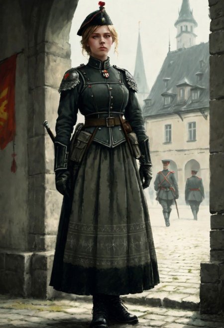 beautiful slim large-breast young heavy-armor female German soldier, long dress, socks, boots, digital painting in jrst artstyle