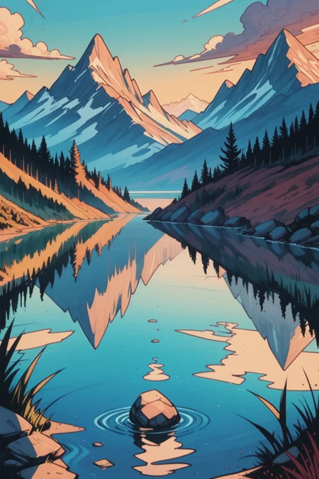 outdoors, scenery, sky, water, reflection, blue sky, day, mountain, no humans, shore, landscape,, zPDXL3, detailxl,  Score_PnyReal,