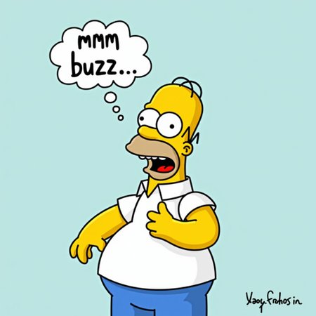 Homer Simpson, classic dreaming pose, drooling, thought bubble, "mmm, buzz...", cartoon style, yellow skin, bald head with two hairs, blue pants, white shirt, iconic character, playful expression, humorous, simple background, vibrant colors, animated look, relaxed posture.