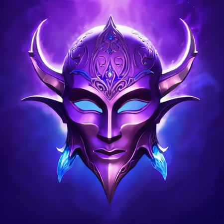 (((masterpiece))),(((bestÂ quality))),((ultra-detailed))ï¼SkillIcon,A metal mask with intricate elven carvings, the purple magic fireball fell from above, with a blue background <lora:SkillIcondreamshapelocon-000044:0.6>