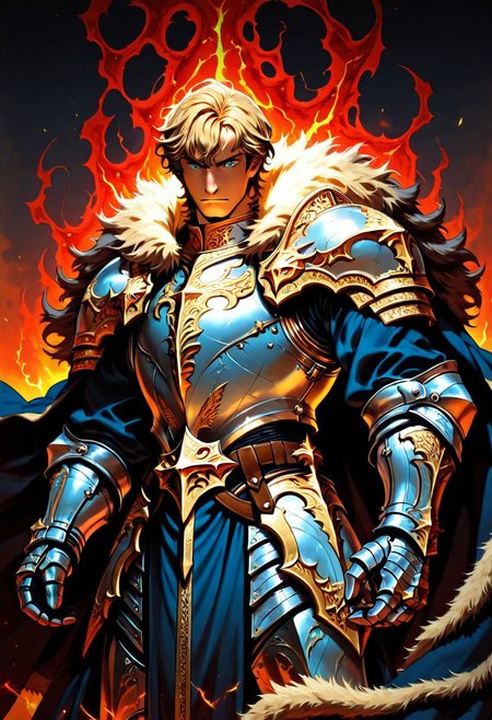 1boy, gawain_fgo,  best eyes, cuirass, pauldrons, gauntlets, faulds, cardigan, gauntlets, faulds, fur-trimmed cape, paladin, holy aura, male focus, solo