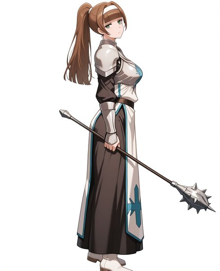 masterpiece,best quality,amazing quality,very aesthetic,absurdres,newest, huge filesize,
<lora:spo_sdxl_10ep_4k-data_lora_webui:0.5>,
<lora:add-detail-xl:1> anime screencap,  overlord,official art, 
BREAK
<lora:overlord_The_Sacred_Kingdom_V2:1>overlord_V2,
1girl,solo, 
brown hair,armor,long hair,
full body,white boots, 
slanted eyes,dark green eyes, blunt bangs, 
high ponytail, white hairband,
simple background, 
white background, closed mouth,  black skirt,long skirt,skirt,no socks, head tilt, from side,headback,
breastplate,looking at viewer, large breasts ,silver breastplate
shoulder armor,standing,
holding mace, Priest,
o_Kelart,blackout curtain,human female,
