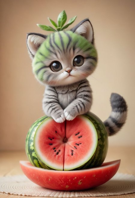 An award winning photo , a cute little baby cat,doing Yoga on a yoga matt in a watermelon costume,, (((cuteness overload))) <lora:add-detail-xl:1>,  <lora:WowifierXL-V2:1>, zhibi