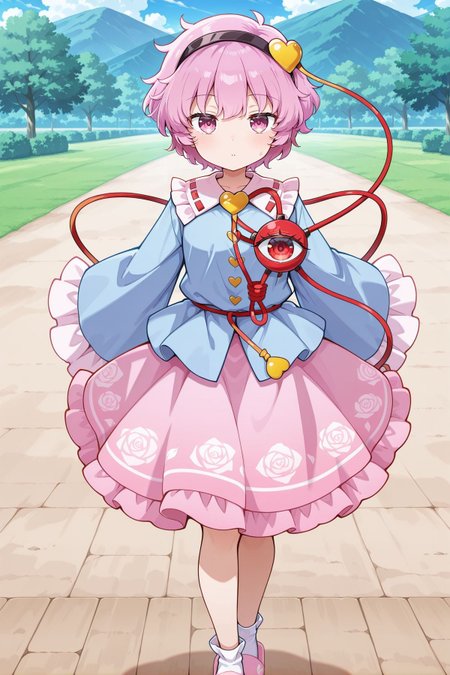 absurdres, highres, masterpiece, best quality, amazing quality, official anime artwork, screencap, anime screencap, outdoors, looking at viewer, dynamic pose, day, plains,
<lora:Komeiji-Satori_IllustriousV2:1> komeiji satori, 1girl, solo, pink eyes, pink hair, short hair, third eye,, black hairband, heart hair ornament, blue shirt, long sleeves, frilled sleeves, wide sleeves, heart button, yellow buttons, pink skirt, frilled skirt, white socks, pink slippers,