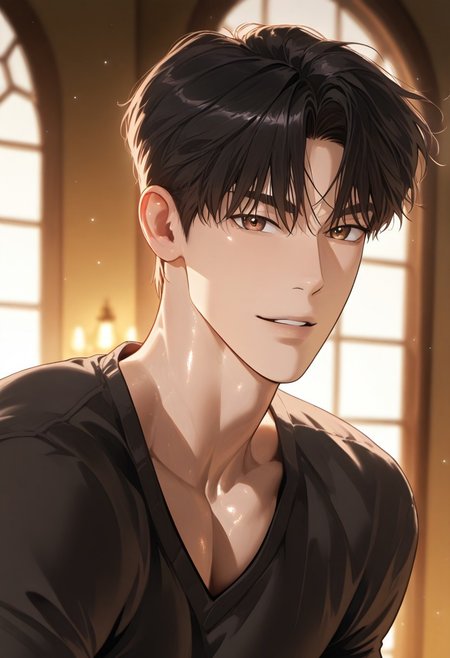 //General, masterpiece,best quality,amazing quality, source_anime, intricately detailed illustration, very aesthetic, absurdres, newest, anime coloring, subsurface scattering, , natural lighting, Expressiveh, detailed skin, shiny skin,aesthetics light, depth of field, vibrant colors,
//Fashion, black shirt, long sleeves, 
//Background, castle interior, indoors, snow background outside the window, 
//Others, 1boy, male focus, solo male, manly body, 
//Action, looking at viewer,  light smile, close up, upper body,
BREAK,
Kang_Dooshik, short hair, black hair, brown eyes, thick eyebrows, parted lips