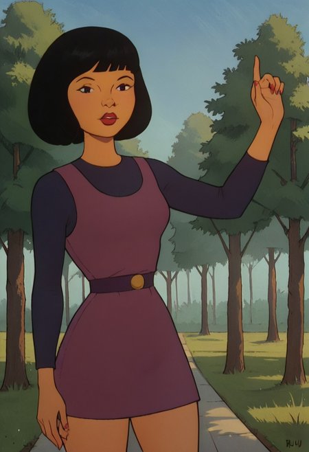 score_9, score_8_up, score_7_up, rating_safe, 1980s (style), retro artstyle
FA_Keiko_Imora, 1girl, black hair, short hair, bangs, brunt bangs, bob cut, lipstick, dark purple shirt, purple dress, bare legs, thighs
solo, standing, outdoors, Dynamic pose, trees, sky, cowboy shot, looking at viewer