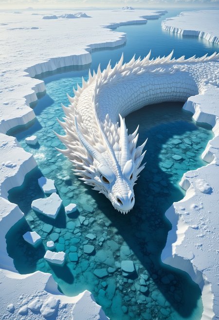 aidmaMJ6.1.
A white colossal dragon is encased under a frozen lake. An aerial view shows off the dragons white scales shimmering underneath the ice. It is winter time