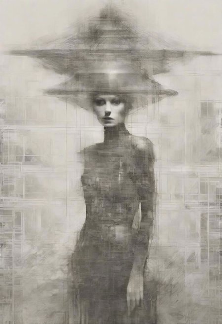 Monochrome black and white, Giger, Beksinski, Zawadzky, Dali, Magritte, Delvaux, Bellmer, Malevitch, Rodchenko, Mondrian, Kandinsky, Popovna, psychedelic hallucination, pop surrealism, rough crosshatch drawing pop art Lunatic_Portrait of a young woman in latex Avant-garde Fashion page, slick back, low bun, black makeup, sinister expression, intense glare, avant-garde, abstract, weird, geometric, constructivism, suprematism, rayonism, verticism, lineism, tj
