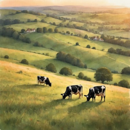 Rolling hills, golden hour, Holstein cows grazing peacefully