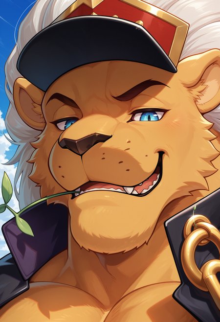 masterpiece,best quality,amazing quality, 1boy, solo, b4nch0, lion boy, hat, jacket on shoulder, stalk in mouth, close up, smug,