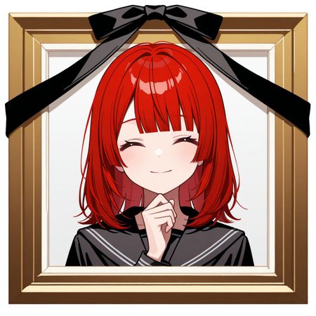 masterpiece, best quality, 32k, high resolution, absurdres, iei, portrait (object), black ribbon, closed eyes, ^_^, straight-on, medium hair, dress shirt, black serafuku, red hair, hand up, blunt bangs, outside border