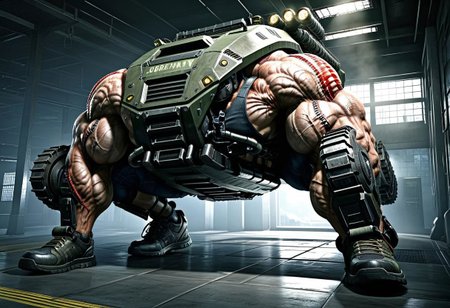 a cybermutant with tank treads for legs,realistic,game cg,scene from resident evil