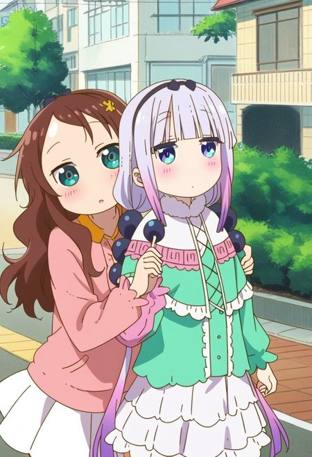 score_8, score_8_up, score_7_up, source_anime,  BREAK 2girls, female focus, Kanna,  black hairband, blue eyes, long hair, gray hair, capelet, hairband, blunt bangs, dress, long sleeves, Saikawa, brown hair, long hair, hair ornament, aqua eyes, hairclip, flower, hair flower, green shirt, skirt, yuri, blush, holding hands, upper body, outdoors, street, sidewalk,