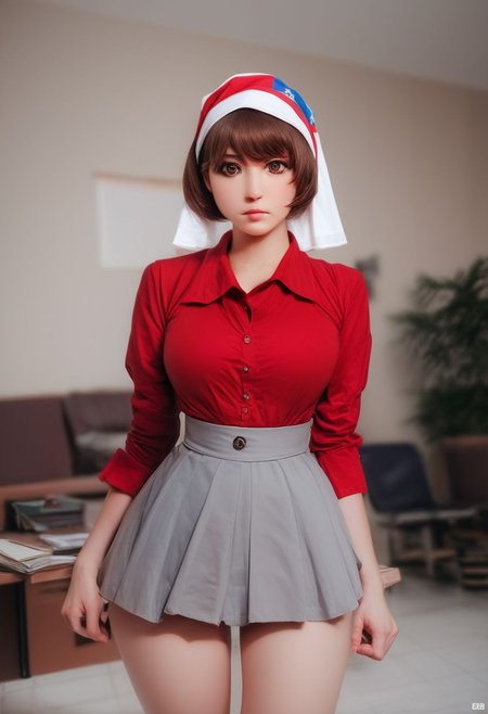 score_9, score_8_up, score_8, fFaceDetail, rating_questionable, raw, photo, realistic, jlullaby
1girl, Russia, large hips, wide hips, big breasts, thick thighs, thin waist, perfect face, brown eyes 
Brown hair, wispy bangs, short hair, brown eyes
office set, red shirt,folded sleeves, white collar, gray skirt, red headscarf as band
Looking at viewer
living room background