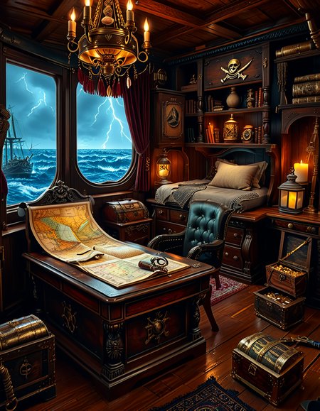 <lora:Captain_c4b1n:1>,Captain c4b1n
A richly detailed pirate captain's cabin aboard an 18th-century wooden ship. The room is dimly lit by flickering candlelight and a hanging oil lantern, casting warm golden glows on the dark oak walls. An ornate wooden desk sits at the center, covered with ancient, weathered maps, a golden compass, and scattered quills with ink bottles. A large, curved window at the back reveals the vast ocean under a moody, cloudy sky, with faint moonlight seeping in.
To the right, a massive wooden bookshelf filled with leather-bound books, nautical charts, and mysterious artifacts, some covered in dust. On the left, a polished mahogany chest with intricate carvings, partially open, revealing gold coins and shimmering gemstones. A grand captain's chair, upholstered in deep red velvet, sits behind the desk, exuding authority and power.
The wooden floor is rugged and slightly uneven, adorned with an old tattered rug. A cutlass and a flintlock pistol rest casually on the desk, while a pirate hat with a large feather hangs on the wall beside a mounted shipâs wheel. The atmosphere is both eerie and majestic, evoking the spirit of adventure and the mysteries of the sea.
<lora:SDXLFaeTastic2400:0.4> <lora:extremely_detailed:0.4> extremely detailed, Masterpiece,best quality,hi res,8k,hi res,8k,award winning,(sharp focus, intricate, highly detailed),