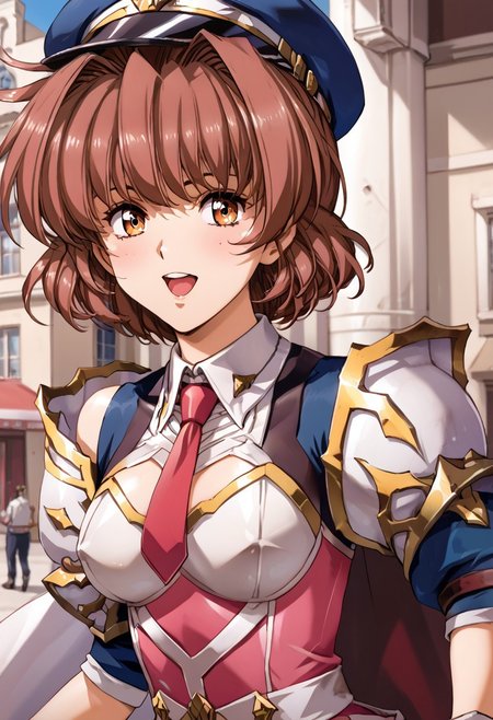 (score_9,score_8_up,score_7_up,source_anime,(masterpiece:1.2),best quality,very aesthetic,public indecency,absurdres),masterpiece,best quality,very aesthetic,absurdres,fantasy,1girl,solo, <lora:betty_p_v1:1>,b_y,ahoge,brown hair,brown eyes,short hair,,<lora:Fixhands_anime_bdsqlsz_V1:1>, blue jacket, black pants, red necktie, short necktie, peaked cap, emblem, military uniform, black gloves, half gloves, yellow shirt, double-breasted , open mouth, blush,light smile looking at viewer,(upper body, close-up,:1.3), outdoors,, masterpiece,best quality, very aesthetic, absurdres, ultra detailed, high resolution, 4k, extremely detailed CG,