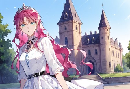 score_9, score_8_up, score_7_up, score_6_up, source webtoon, webtoon, best quality, (masterpiece), soft body, official art, [illustration], realistic, vibrant colors, saturation, detailed, detailed background, BREAK PenelopeEckhart, ice blue eyes, pink hair, long hair, medium breasts, outdoors, castle, palace, white dress, black belt, tiara,