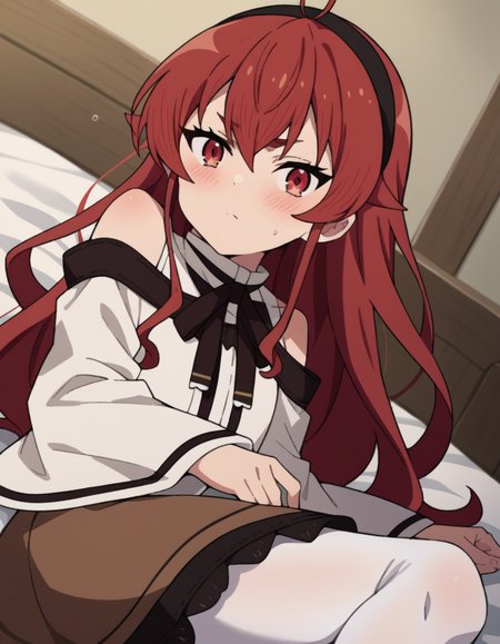 score_9, score_8_up, score_7_up, source_anime,
erisgreyrat, <lora:eris-boreas-greyrat-s1-ponyxl-lora-nochekaiser:1>,
eris greyrat, ahoge, hair between eyes, long hair, red eyes, red hair, sidelocks,
black hairband, black ribbon, brown skirt, hairband, long sleeves, neck ribbon, pantyhose, ribbon, shirt, shoulder cutout, skirt, white pantyhose, white shirt, wide sleeves,
indoors, bed, bed room, on side, blush, drunk,
looking at viewer, dutch angle, cowboy shot,