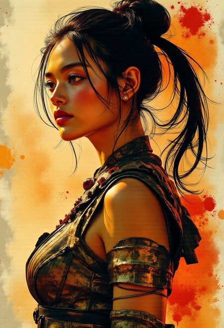 nistyle, mwv7_alpha_v01, ArsMJStyle, Expressive Watercolor Ink Wash, Inkplash art on rice paper, sepia, henna , Silhouette Art, magnificent, stunning japanese woman, long flowing hair, sidelocks, dark eyeshadow, bronze age fantasy armour, jewelled circlet