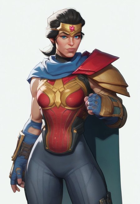(((cel-shading))), (((solo focus))),
score_9, score_8_up, score_7_up, score_6_up, ((fighting stance)), looking at viewer, cowboy shot, cowboy shot, 
,(((MarvelRivals))), <lora:AMarvelRivals_style:0.85>, cartoon, aura, facing veiwer, 
wnderwmanxl,black hair,blue eyes,low ponytail, gold headband,bodysuit,armor,cape,bare shoulders,
thin waist, round hips, wide hips, (((cute expression))), smile,
(dynamic angle), (((plain background, white background)), background out of focus, (((simple background))),
(((tactical gear))), (armor), mercenary, combat gear
(dynamic angle),