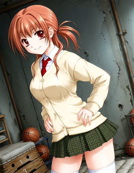(1girl, solo:1.3), (2girls, 3girls, 4girls, multiple girls, 2boys, 3boys, 4boys, multiple boys:-1.5) <lora:Kazuyagi_Akane_Gore_Screaming_Show_Illustrious:0.9>, Kazuyagi_Akane, large breasts, red eyes, brown eyes, brown hair, long hair, low ponytail, school uniform, cardigan, long sleeves, white shirt, red necktie, pleated skirt, plaid skirt, checkered skirt, white legwear, smile, open eyes, general, contrapposto, dynamic pose, hands on own hips, portrait, from side, from above, dutch angle, , indoors, gym storeroom, dark room, messy room, concrete, (gray theme:1.3), one basketball \(object\), piled mattress, (window:-2.0), flashing, <lora:NOOB_EPSv1_1_detailer_by_vlnvk_v1_0:1.5>, (photo background:0.7), evening, (tachibana yuu:0.6), inue shinsuke, (kazuma muramasa:0.0), saikawa yusa, (aoi manabu:0.6), abarerumidori, (suzui narumi:0.6), masterpiece, newest, absurdres, 8K, anime screenshot, anime coloring, flat color, official art, film grain, <lora:illustriousXLv01_stabilizer_v1.185c:0.7>, <lora:LECO_Solo:-4.0>,