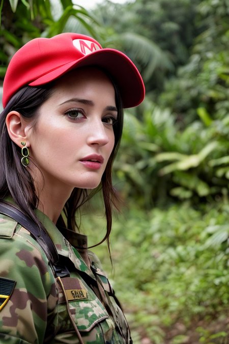 raw photo, portrait of (emaciated:1.3) female jungle commando (Eva Green:1.3), , , (Nintendo Mario's red hat:1.3), (earrings, spikes, , :1.2), (wet:1.2), (U.S. military gear:1.3) dark, gritty, gloomy, militaristic, (gun :1.35), (looking_at_viewer:1.3), solo, rainy, , (pained expression:1.1), (about to sneeze:1.2), (grimace:1.0), (pleasure face:1.0), ,  dramatic lightning, (jungle background:1.2), , highly detailed, masterpiece, best quality, 8k, (realistic skin, cell-shaded:1.3), sharp_focus, SFW, 
(high detailed skin:1.2), 8k uhd, dslr, soft lighting, high quality, film grain, Fujifilm XT3