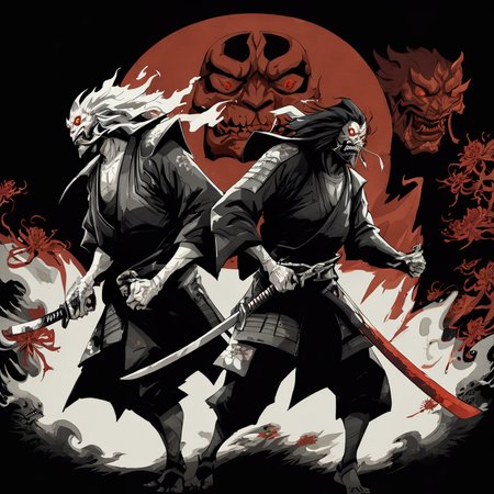 <lora:hu4lu:1>hu4lu 2 samurais with evil face holding swords black background