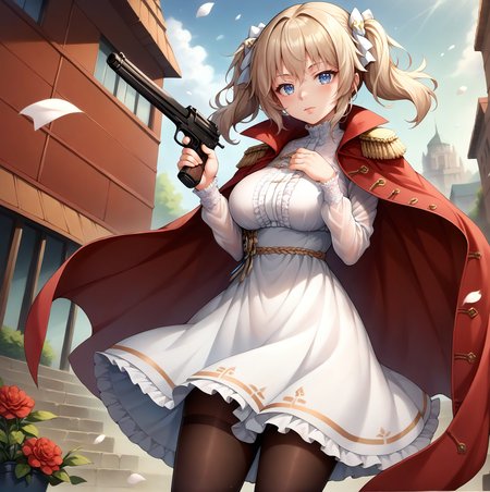score_9, score_8_up, score_7_up, source_anime, (detailed background),  intricate detail, rating_questionable, BREAK,<lora:Pony_DetailV2.0:1.5>,  curvy, webley, <lora:webley.pony:1>, white dress, pantyhose, red coat, gun