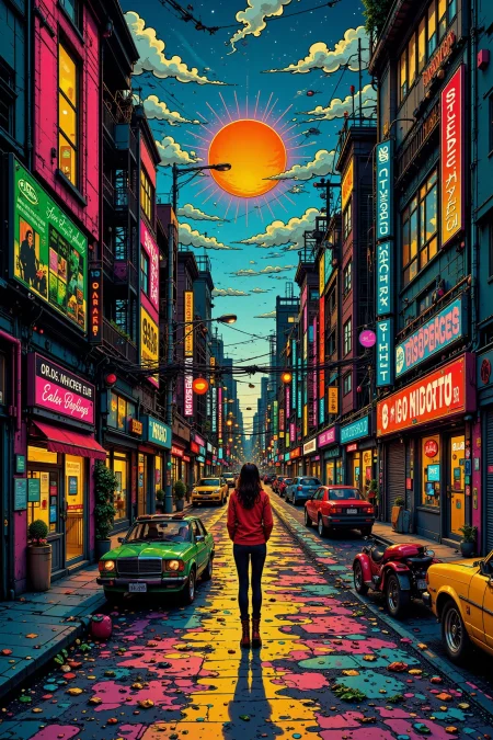 1960s 60's city, early morning, woman, very intricate, very detailed, sharp, bright, colorful, <lora:Hand v2:0.5> <lora:Anti-Blur:1><lora:Insane Detail Slider:0.25>  <lora:flux.1_lora_flyway_Epic-detail_v2:0.3> <lora:fluxenhancer:0.25> <lora:ck-Neon-Retrowave:0.4> ck-rw, in the style of ck-rw,  <lora:Neurocore Anime Cyberpunk:0.8> A digital artwork in the style of cknc