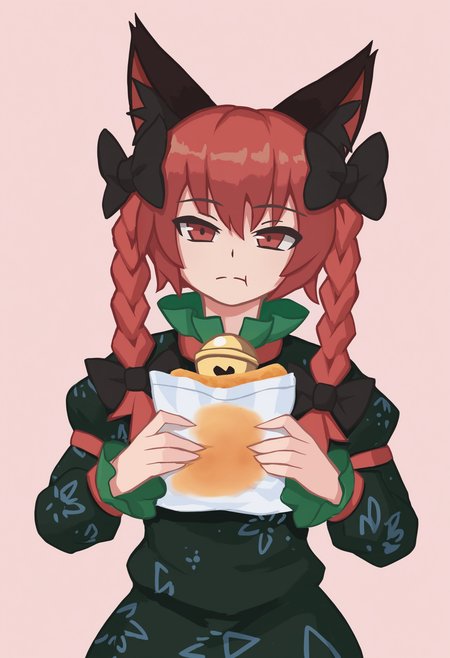 kaenbyou rin, 1girl, solo, long hair, looking at viewer, simple background, long sleeves, red eyes, dress, holding, bow, animal ears, ribbon, hair between eyes, closed mouth, braid, hair bow, red hair, food, cat ears, twin braids, animal ear fluff, black bow, bell, pink background, holding food, jingle bell, green dress
, masterpiece, best quality, good quality,
<lora:duhota_noob_vpred-1.0_edm2_v1:1>