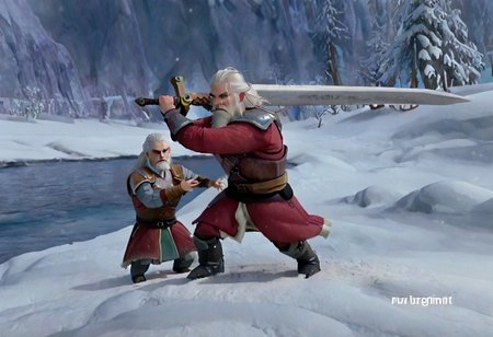 geralt as a (r0b0t_s4nta_c1aus), holding a sword, 
high guard sword parry stance, incoming vertical sword attack
at a frozen lake,
game screenshot,
looking at the camera,
sfw