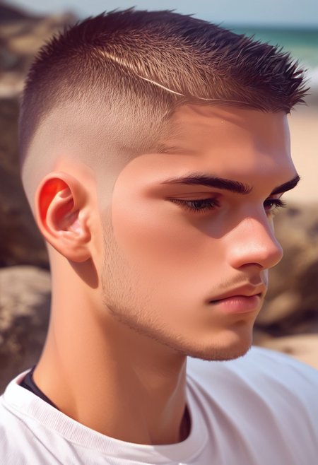 score_9,score_8_up,score_7_up, 20 yo twink posing, beach, hyperdetailed photography, headshot, buzz cut hair