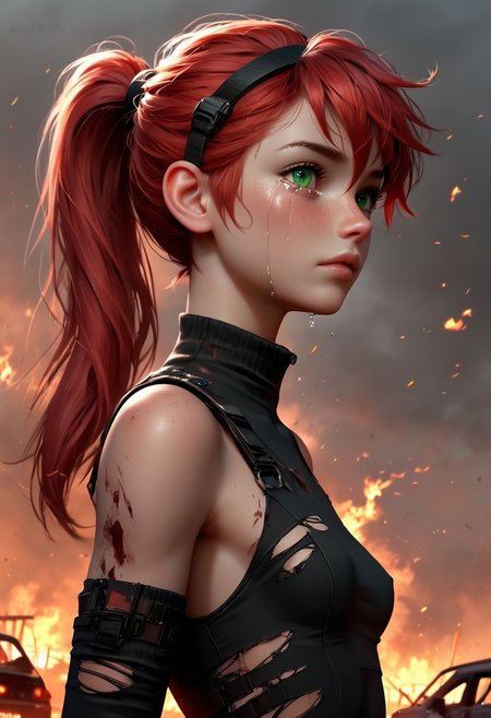 1girl, Masterpiece, 4k, ultra high detail, score_9, score_8_up, score_8, 18yo, petite, smal breast, long red ponytail hair, fcNeg, stunning green eyes, freckles, white skin, small nose, innocent beauty, slim face,  skinny petite body, 
Torn sport clothes
Dark sky, burning sky, nighttime, night, 
Fear in her eyes, crying, 
Sideview,  Apocalyptic scene, burning skyscraper, burning city, derstroyed cars, a huge asteroid swarm in the sky, 
Many asteroids in the sky, 
End of the World, 
negative_hand, NightScapes,