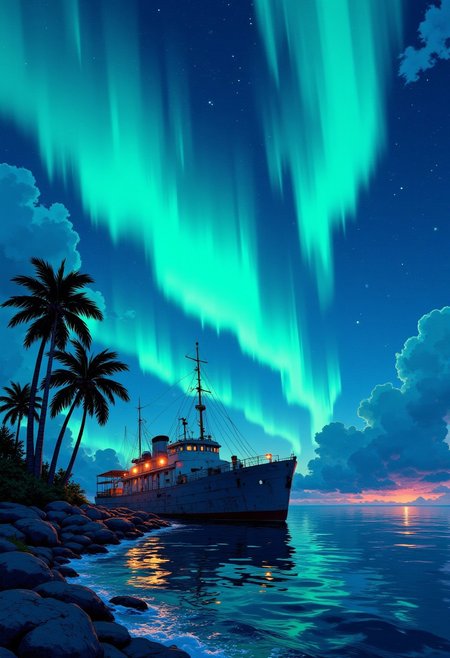 beautiful northern lights, tropical island, palm trees, abandoned ship in the foreground, j_art