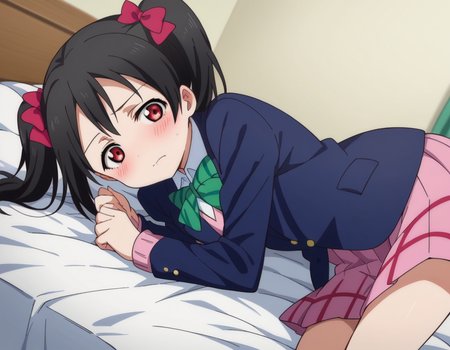 score_9, score_8_up, score_7_up, source_anime,
nikoyazawa, <lora:nico-yazawa-s1-ponyxl-lora-nochekaiser:1>,
niko yazawa, black hair, red eyes, bow, twintails, hair bow,
skirt, school uniform, jacket, blazer, winter uniform, otonokizaka school uniform,
indoors, bed, bed room, on side, blush, drunk,
looking at viewer, cowboy shot, dutch angle,
