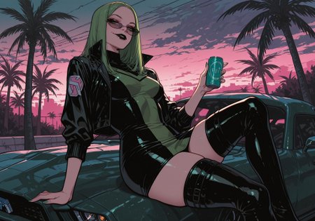 1girl, solo, detailed face, beautiful eyes, detailed eyes, Polaris, green eyes, dark lipstick, black lips, long hair, green hair, lean body, medium breasts, thick thighs, green nails, makeup,
BREAK 
black retro sunglasses, cropped jacket, black leather jacket, popped collar, short dress, PDress1, thigh-highs, thigh boots, Zettai Ryōiki,
BREAK 
dynamic pose, sitting, on car, on car hood, looking over eyewear, holding one can, looking at viewer, smile,
BREAK 
Outdoors, 80s, black green car, motor vehicle, muscle car, (ford mustang:1.4), ford mustang (1st generation), (car out of frame:0.9), miami vice city, art deco neon hotels, palm trees, pink and teal sunset, urban environment, detailed background, 
BREAK 
(safe_pos, fine texture, masterpiece, ultra-detailed, very aesthetic, absurdres, volumetric lighting, scenery, newest, absolutely eye-catching, vivid colors, rating_explicit), usnr, Sinozick_illu,gradient,spot color, artist:moriimee, 
BREAK.